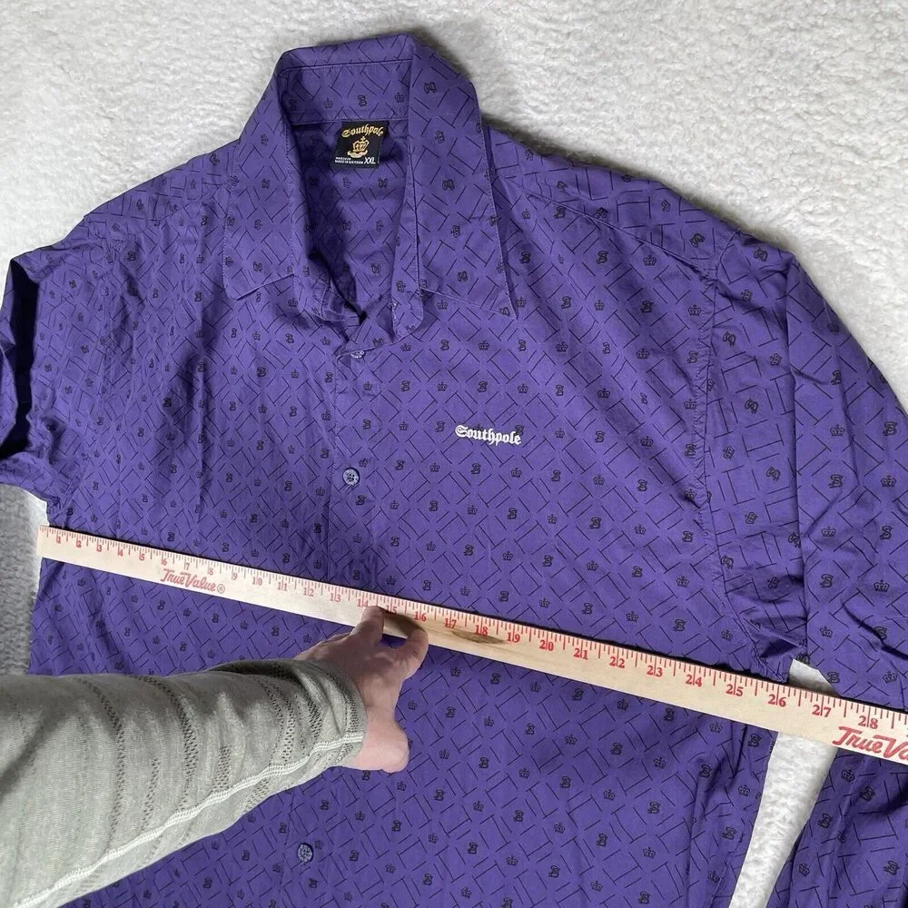 Vintage South Pole Shirt Mens 2XL XXL Purple AOP Print Logos Button Long Sleeve